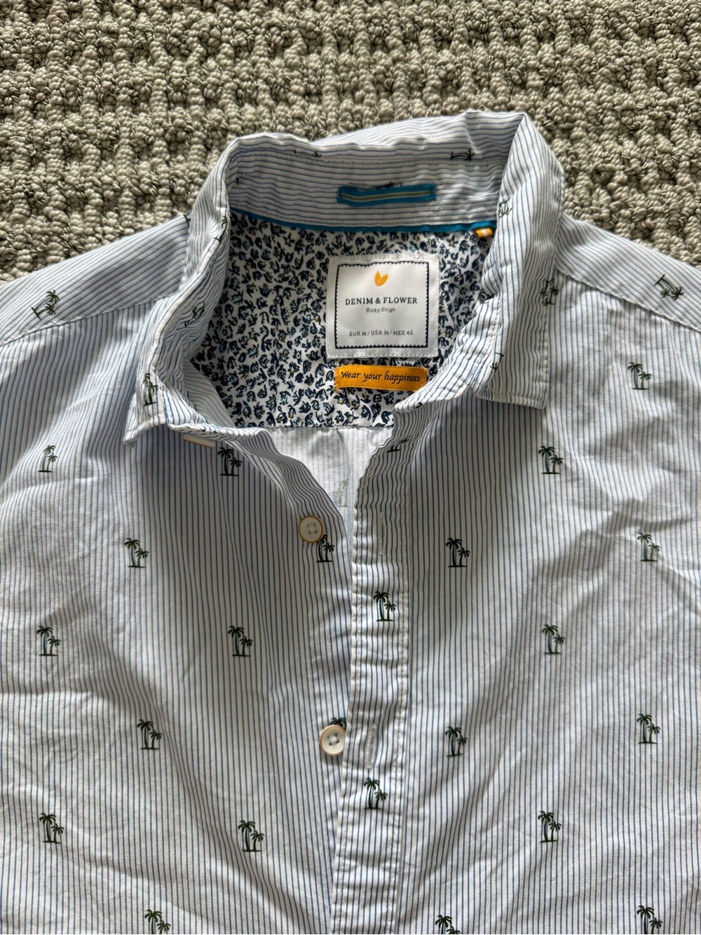 Men’s Light Blue Striped Shirt with Palm Tree Print